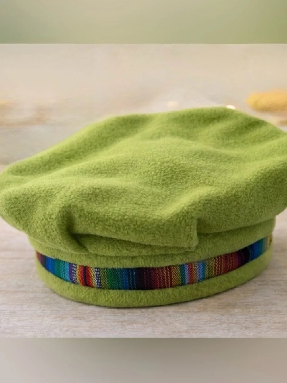 Lime‎ Green Wool Beret with Rainbow Trim Festival Fairy Grunge